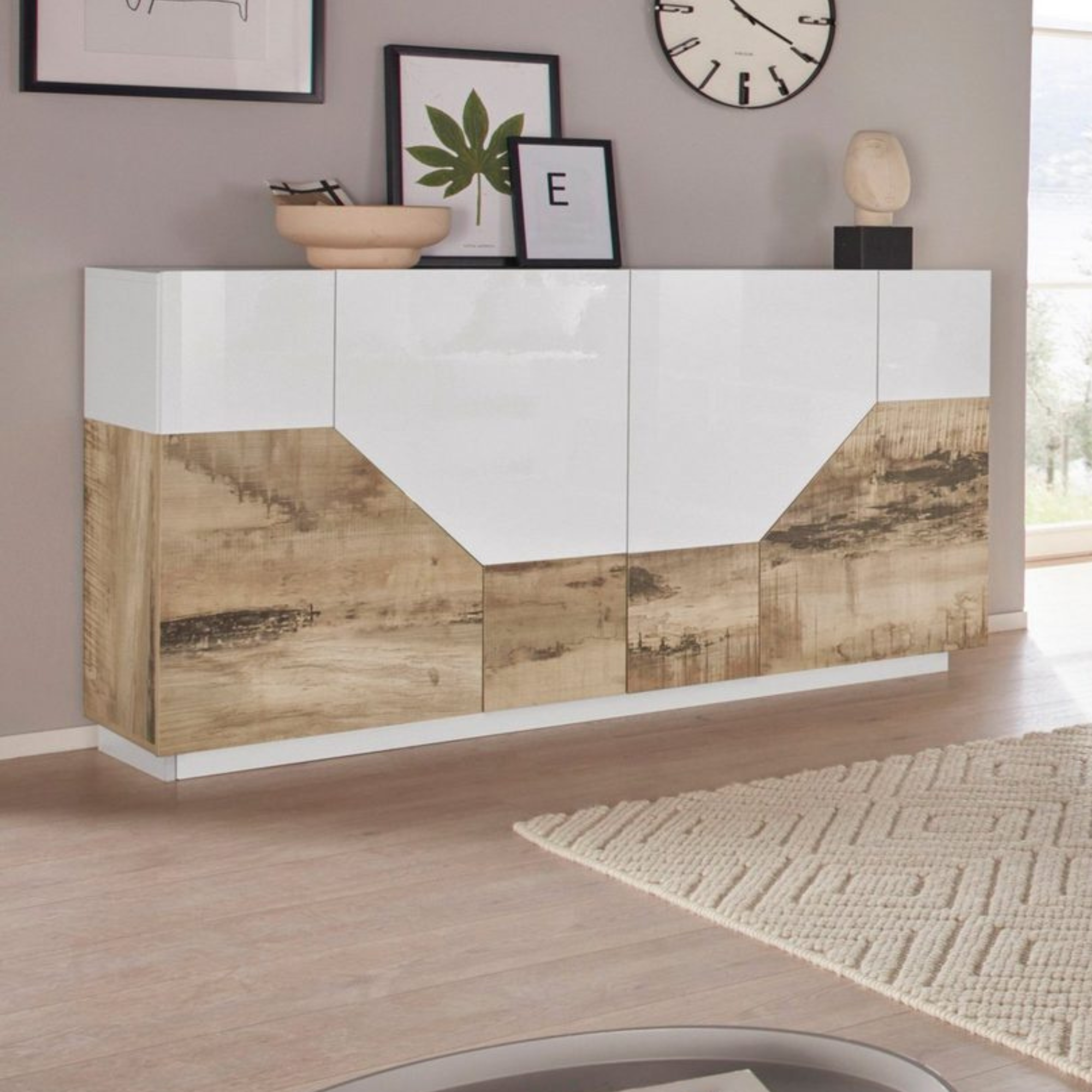 Modern Italian Sideboard Alien - High Gloss White with Wood Grain Finish -  - 78.7 inches wide - Furniture.Agency