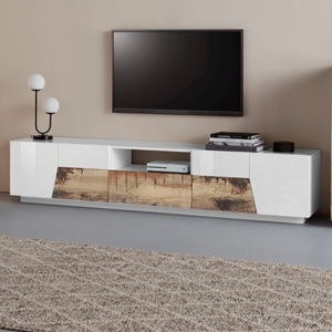 ALIEN TV Stand - High Gloss White with Wood Grain Finish - 86.6 Inches Wide - Furniture.Agency