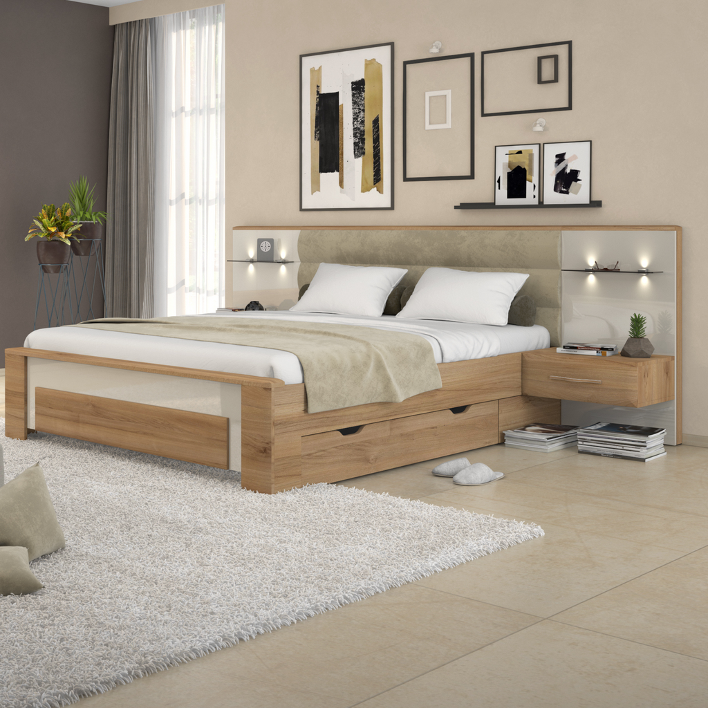 Gala King Size Platform Bed with 2 Nightstands and storage - Upholstered Plush Headboard and Pacific Walnut Wood Décor - Furniture.Agency