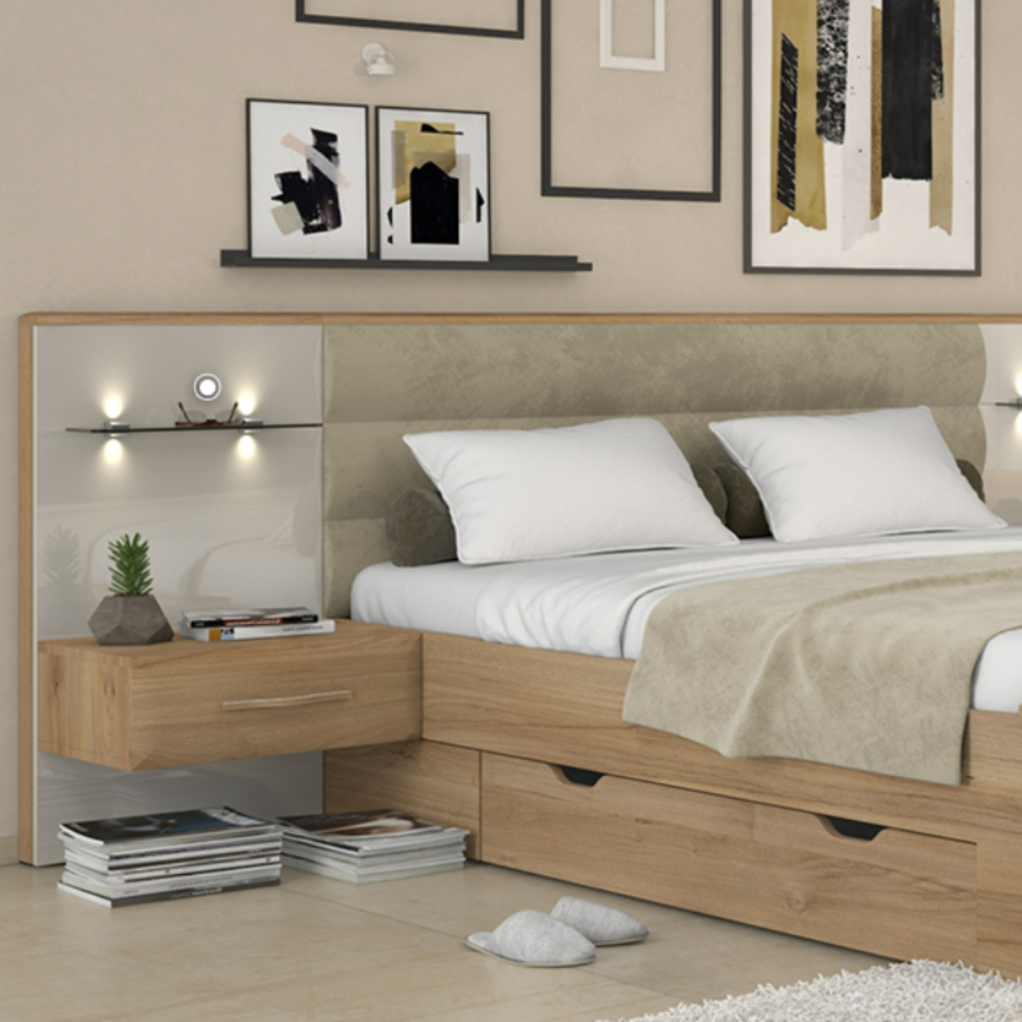 Gala King Size Platform Bed with 2 Nightstands and storage - Upholstered Plush Headboard and Pacific Walnut Wood Décor - Furniture.Agency