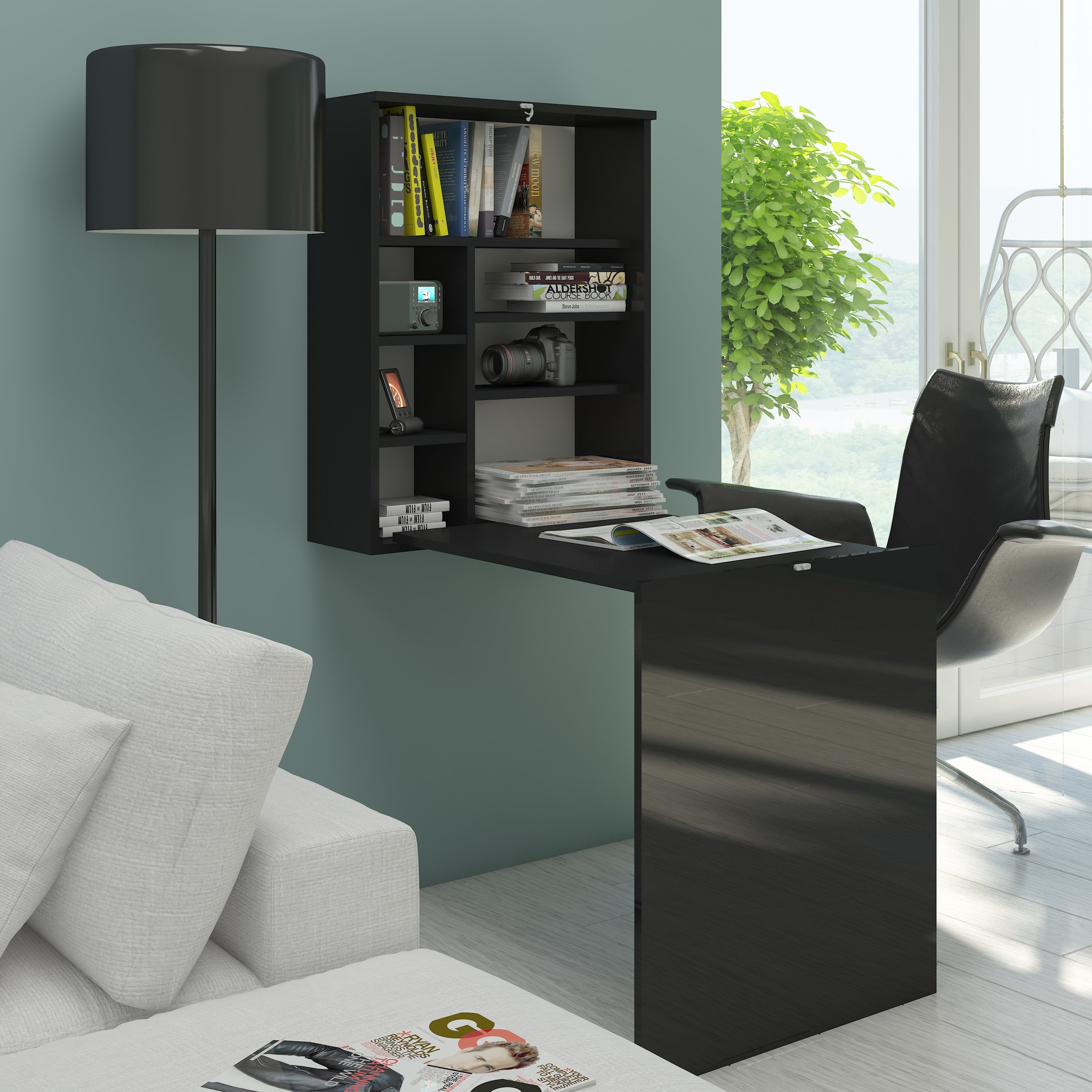 Hide Fold Out Wall Mount Desk with Hutch - Furniture.Agency